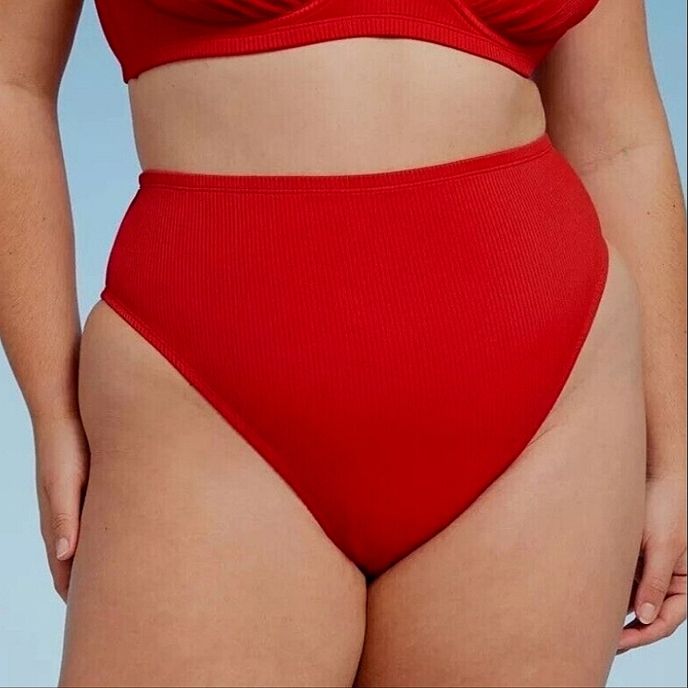 SALE NWT Shade & Shore High Waist Cheeky Bikini Swimsuit Bottom Ribbed Red 2X